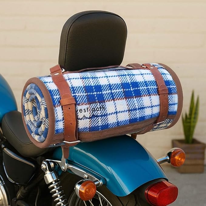 Motorcycle/Cowboy Bedroll - Waxed Canvas Blanket with Vegan Leather Strap - Pack/Blanket Roll with Waterproof Backing and Carrier (Blue/White Wool w/Strap)