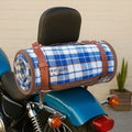 Motorcycle/Cowboy Bedroll - Waxed Canvas Blanket with Vegan Leather Strap - Pack/Blanket Roll with Waterproof Backing and Carrier (Blue/White Wool w/Strap)