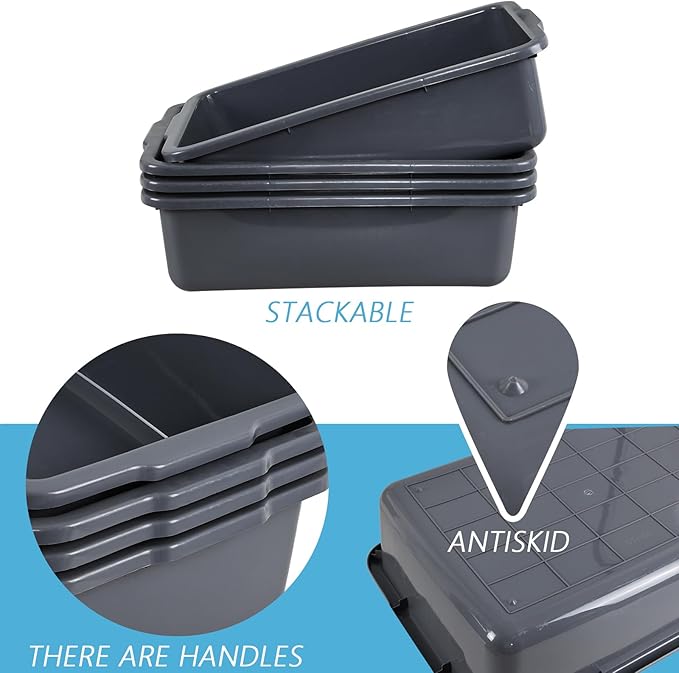 4-Pack 32 L Plastic Dish Tub Large Utility Bus Box Restaurant Dish Bin Gray