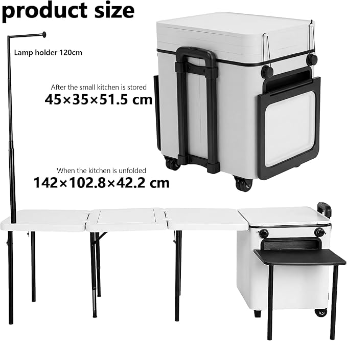 Multifunctional Outdoor Kitchen Station with Wheels Folding Overland Camping Kitchen Table with Light Poles for Picnic Party Beach BBQ Cooking Indoor