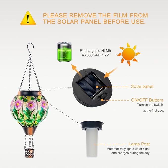 DREAMSOUL Hummingbird Hot Air Balloon Solar Lantern Hanging Solar Lanterns Outdoor with Flickering Flame Light Metal &amp Glass Solar Lanterns Outdoor Waterproof for Patio Yard Decor