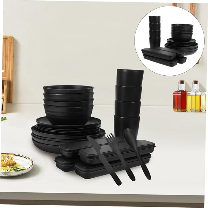 4sets Black Camping Dinnerware Cutlery Bowl Plate Cup Utensils Case for Picnic Hiking