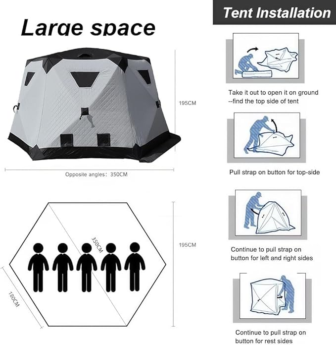 8-12Person Ice Fishing Tent with Stove Jack and Floor Portable ICES Fishings Shelter 420D Insulated Layer Oxford Cloth Hexagon Shanty Pop-Up Fish Tent for Winter Camping Fishing