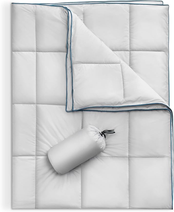 Sonive Blanket 52x75 Packable Compact Blanket Weatherproof Outdoor Down Alternative Throw Puffy Warm Quilt for Camping Hiking Backpacking Picnic Stadium Light Gray