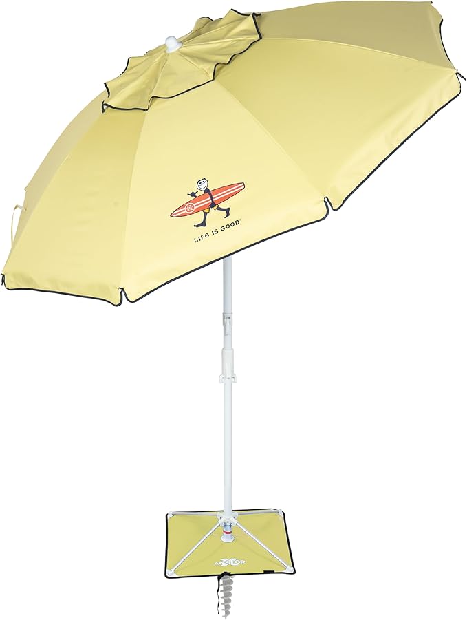 Life is Good 6.5' Outdoor Beach Umbrella with ANCHORX Heavy Duty High Wind Stability Sand Anchor and Carrying Bag
