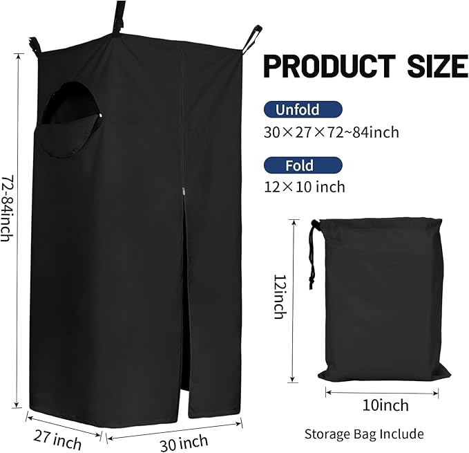 Tuszom 600D Privacy Tent for Boat Heavy Duty Hanging Changing Room for Bimini Top with Storage Bag Portable Privacy Station for Pontoons (27 W x 30 D x 72 -84 H) (Black)