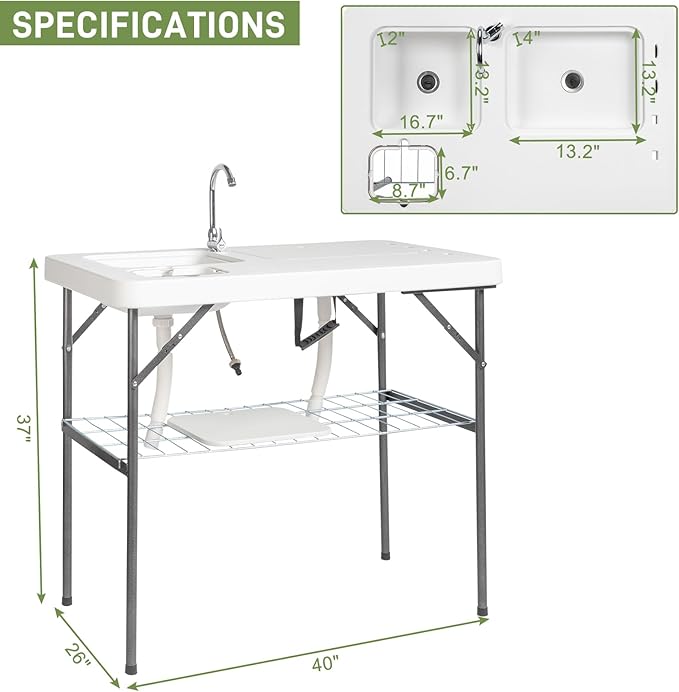 Outvita Folding Portable Camping Sink Table with Sink Faucet Drainage Hose &amp Grid Rack White