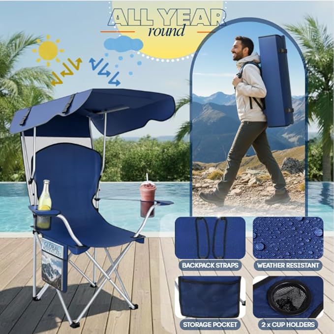 Amazing for less Folding Chair with Canopy – Portable Outdoor Folding Camping &amp Beach Chair with Shade Cover and Carrying Strap