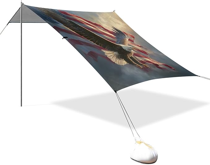 ALAZA Flying Bald Eagle American Flag Beach Tent Sun Shelter UPF50+ Protection Beach Shade Canopy w/ 4 Sandbags for Outdoor Camping Fishing Backyard Fun Picnic 10x9 ft