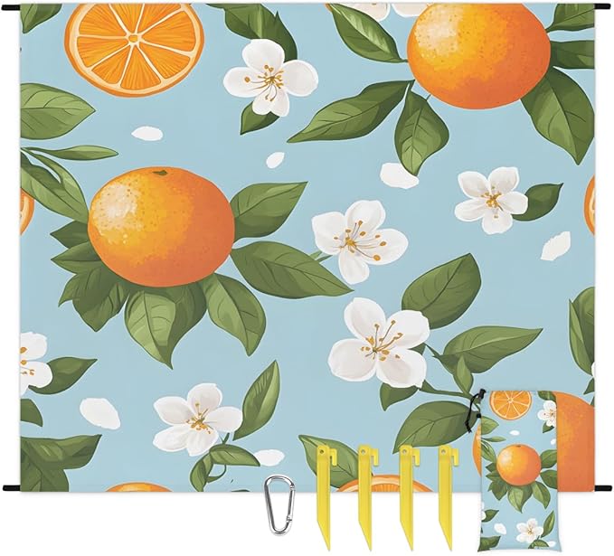 Waterproof Sandproof Beach Blanket 59''×68'' Fruit Orange Blossom Polyester Outdoor Picnic Blanket with 4 Stakes &amp Storage Bag for BeachCampingVacation