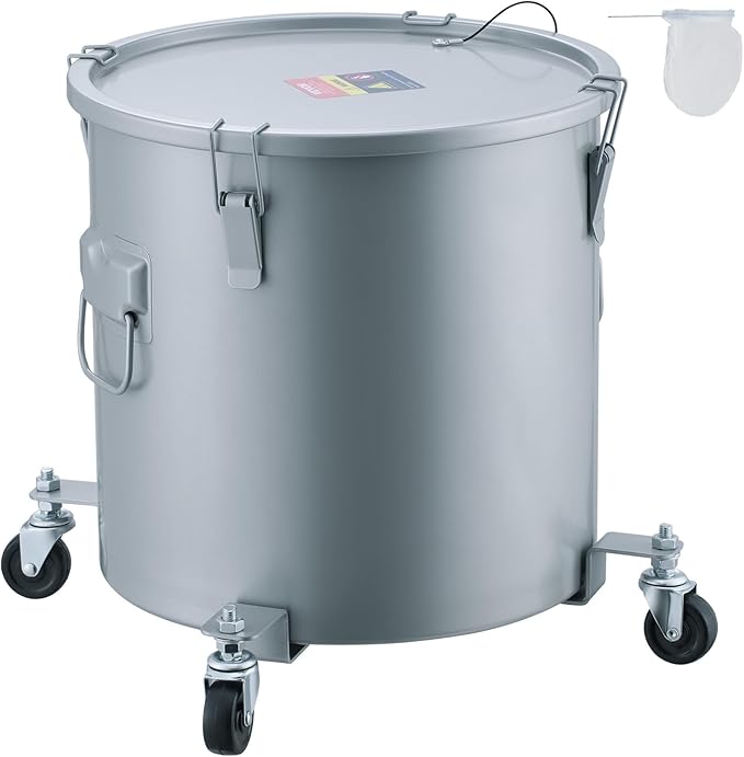 VEVOR 10 Gallon Fryer Grease Bucket Oil Disposal Bucket Caddy on Wheels Rust-proof Coated Carbon Steel Fryer Oil Transport Container with Filter Bag Lid &amp Lock Clips for Cooking Oil Filtering
