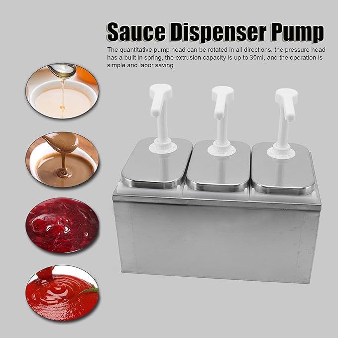 Condiment Pump Station Sauce Dispenser Stainless Steel and Plastic Syrup Pump Dispenser with 30ml Squeeze Capacity Kitchen Sauce Pump for Ketchup Mustard Honey Milk Chocolate Oil (2L Triple Pump)