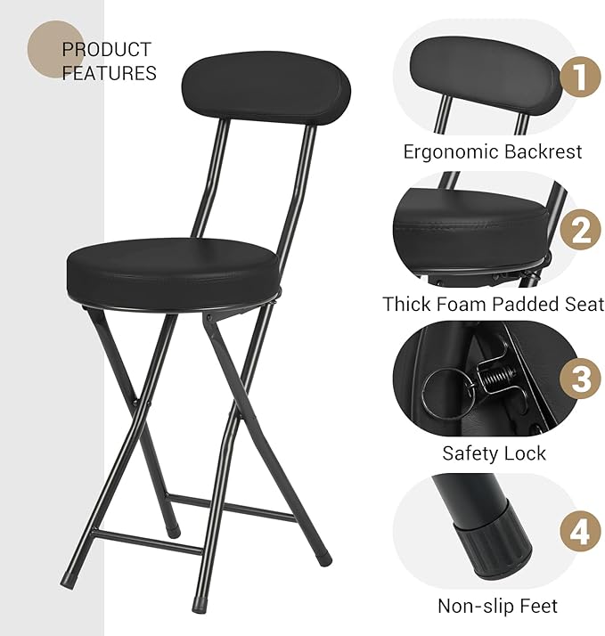 Cushioned Padded Folding Stools Folding Bar Stool with Backrest 220lb Capacity 19 Inch Collapsible Round Portable Foldable Chair for Outdoor Indoor Kitchen Camping Fishing (Black 2 Pack)