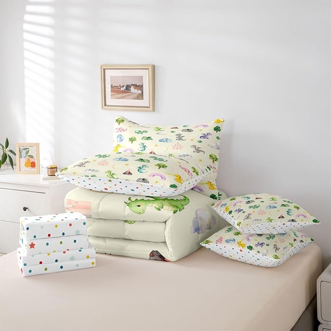 Kids Baby Dragon 7 Piece Bedding Set Twin Size Animal Comforter Set with SheetsPillowcases &amp Cushion Cover for Boys Girls Teens Bedroom Decor Cartoon Wildlife Bed in a Bag Microfiber Women Men Be