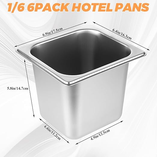 LANIAKEA 6PCS Hotel Pans with Lids Stainless Steel Steam Table Pan Restaurant Supplies 1/6 Size x 6 inch Deep Stainless Steam Table Pans Hotel Pan Trays for Food Party Catering Supplies