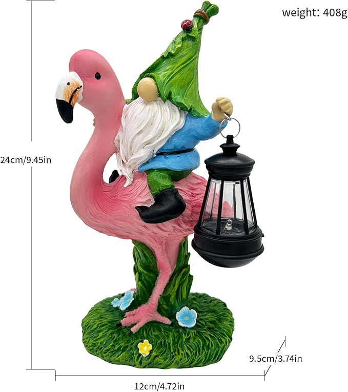 Gnomes Flamingo with Solar Lantern Whimsical Decor for Garden Yard Patio Lawn LED Lights - Unique Gift for Women Mom Friends(Red Gnomes)