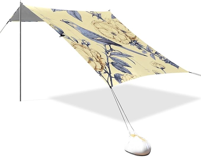 Bird Beige Beach Tent Sun Shelter 9.2' x 10.5' Beach Canopy with 4 Sandbags 4 Stability Poles Sand Shovels - Tent Canopy for Beach Camping Fishing Picnics