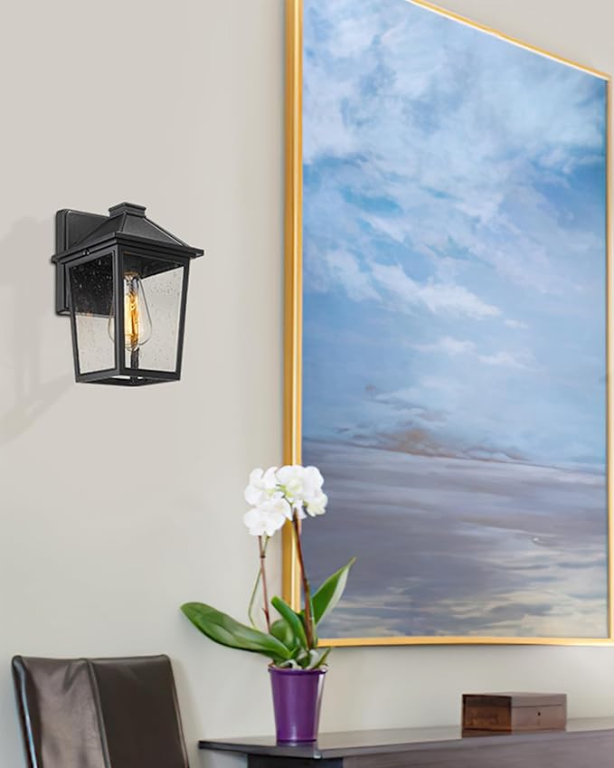 Outdoor Wall Sconce HWH Exterior Wall Lantern Porch Lights Outdoor Wall with Seeded Glass Shade Waterproof for Doorway Hallway Garage Matte Black Finish 5HX64B BK