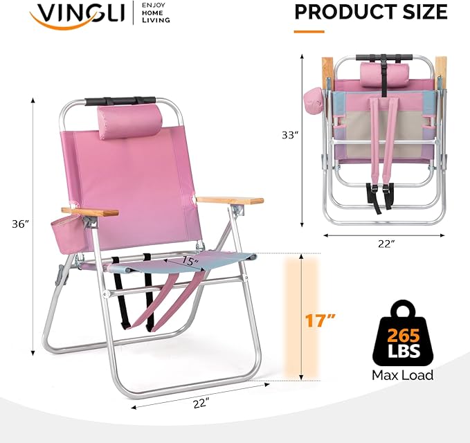 VINGLI Aluminum Backpack Beach Chair – Tall Beach Chairs for Adults Portable with Adjustable Straps 3-Position Reclining Cup Holder High Lightweight Beach Chairs for Beach (Pink 17 High)