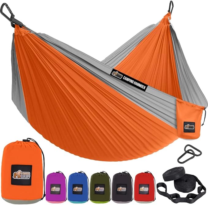 GORILLA GRIP Durable Camping Hammock with Heavy Duty Tree Straps Portable Hammocks for Outside Easy to Use Travel Swing Chair Outdoor Camper Hiker Essentials Backpacking Gear Gifts Double Orange