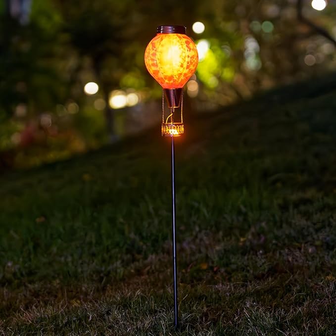 Solar Garden Lights Outdoor with Hot Air Balloon Stake Garden Lights Solar Waterproof Flickering Lantern Lawn Pathway Patio Decor(Purple)