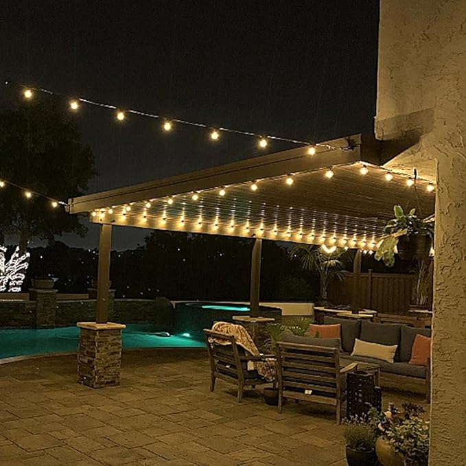 Novelty Lights 50 Feet G40 LED Patio String Light Set with 50 Bulbs Warm White Weather Resistant and Shatterproof Replaceable Plastic Globe Bulbs White Wire