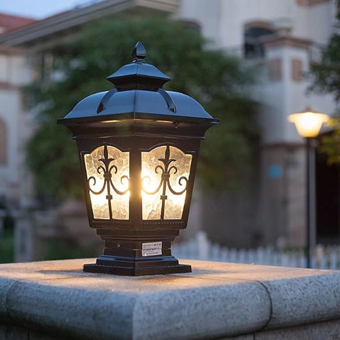 Outdoor Column Lights IP65 Waterproof Garden Post Light Fixture Aluminum Glass Pillar Lights Outdoor Fence Column Cap Light External Patio Landscape Post Lamps (Black)