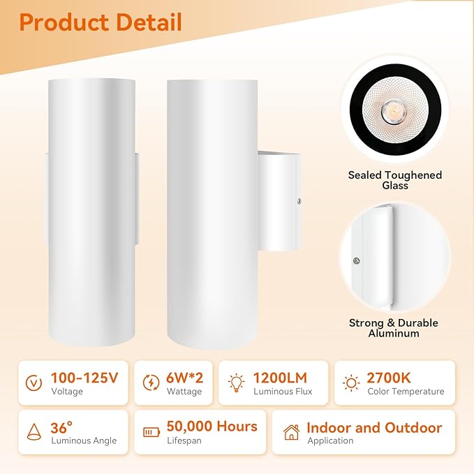 JO.KO Porch Light in 2 Lights Cylinder Wall Lights 10.24 2 Pack Up Down Lights 2700K Warm White Waterproof Wall Sconce AluminumExterior Light Fixture Wall Mount White