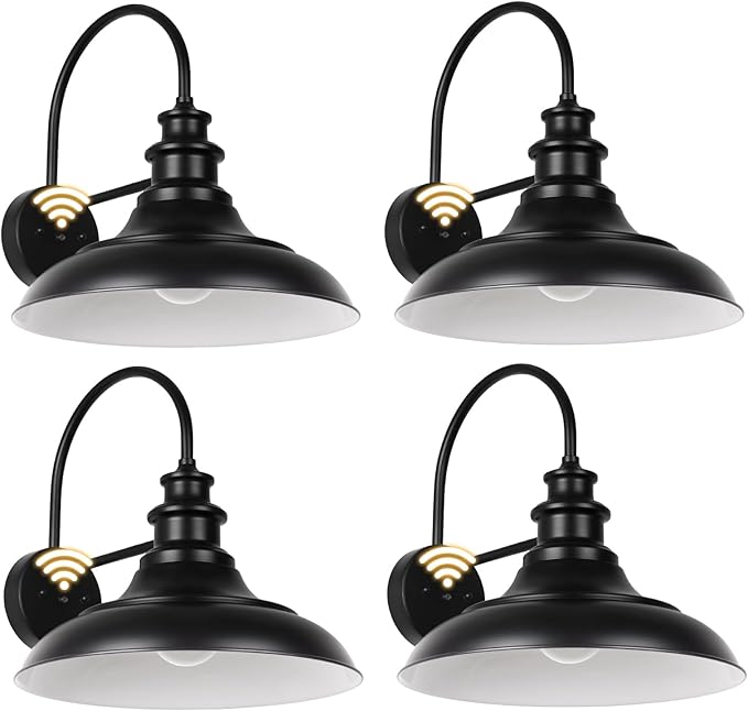 Dusk to Dawn Sensor Outdoor Barn Light Fixtures 12.3 Inch Dome Farmhouse Outdoor Wall Sconces Exterior Wall Mount Lights Industrial Black White Wall Lanterns for Porch DDRZ004-4 BK+WH
