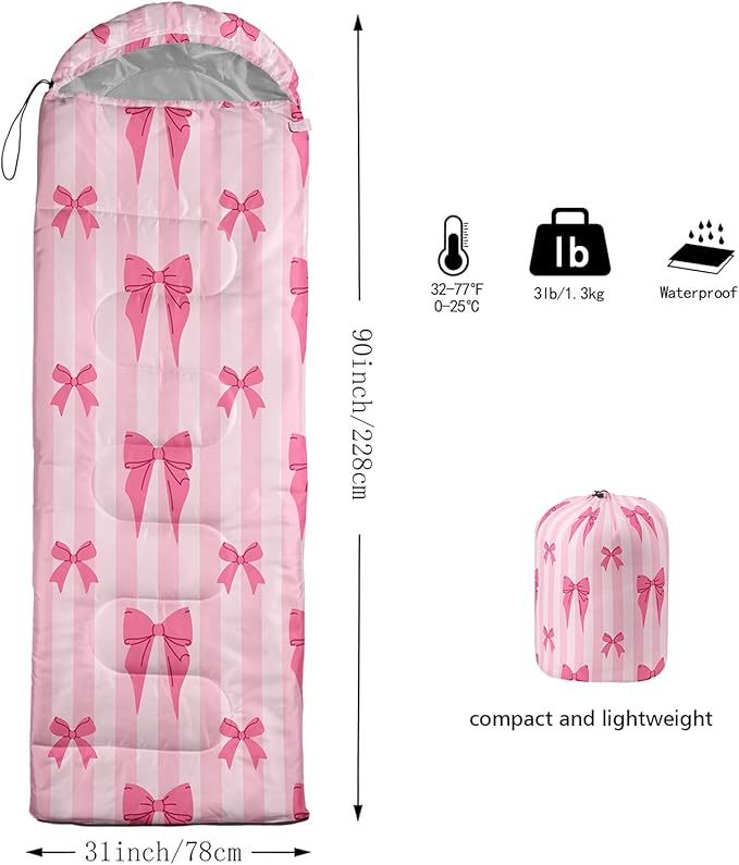 Colorful Bow Sleeping Bag 3 Season Warm Cool Weather Hand Drawn Bow Camping Sleeping Bag for Adult Cute Bowknot Camping Backpacking for Outdoor Traveling Hiking Hunting Gear Equipment