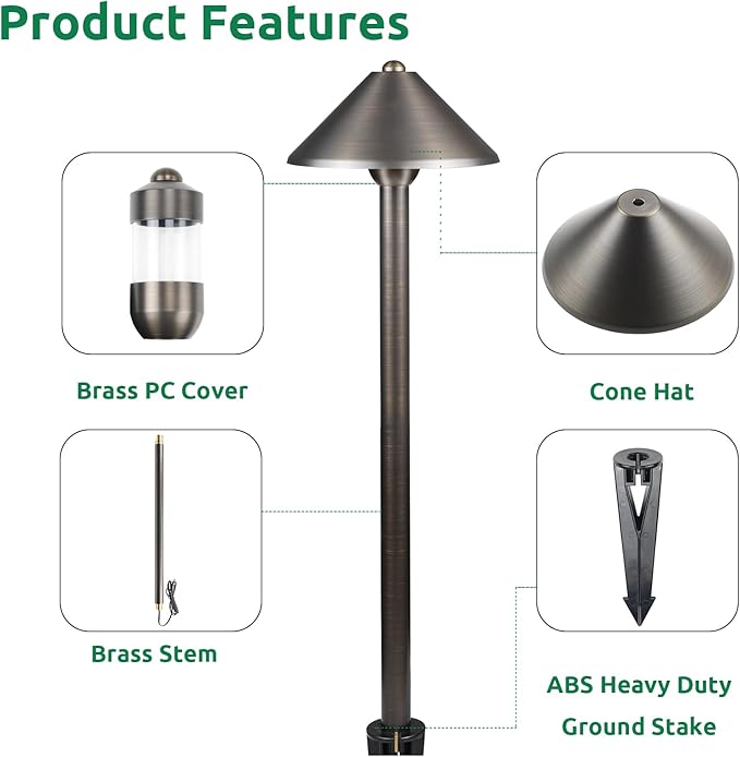 DOSHINE® Solid Brass Low Voltage Landscape Lighting Pathway Lights (7 Shade 22 Tall) with Replaceable 3W G4 LED Bulb 3000K AC/DC 12V and Ground Stake for Outdoor Walkway Driveway (UMB4-Pack)