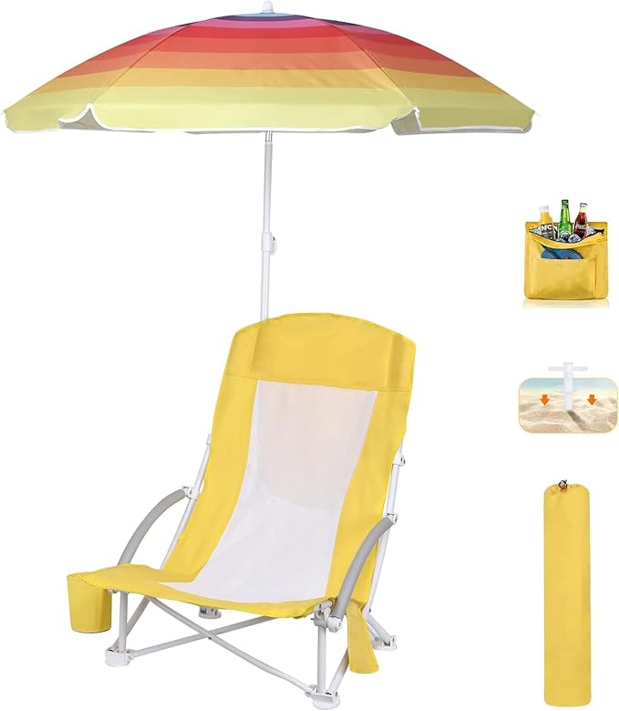 Beach Chair Beach Folding Chair for Adults Camping Chair High Back with Umbrella and Cooler Bag Huge Shade Portable &amp Lightweight for Beach Outdoor Camping (1 Fresh Banana Yellow)