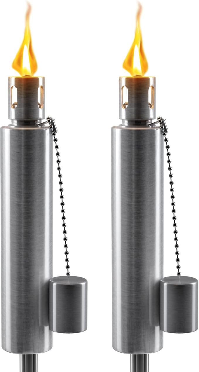 Matney Stainless Steel Outdoor Torches - Decorative Garden &amp Yard Lights - 5 ft Oil Lamp for Citronella - Fiberglass Wick &amp Snuffer Cap - Set of 2 (Barrel)