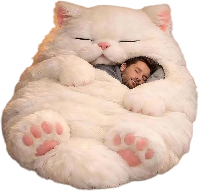 Plush Cat Print Envelope Sleeping Bag | 175x80cm Indoor Wearable Cat Sleeping Bags for Adult | Cute Animal Shaped Blanket| Winter Plush Sleep Sack