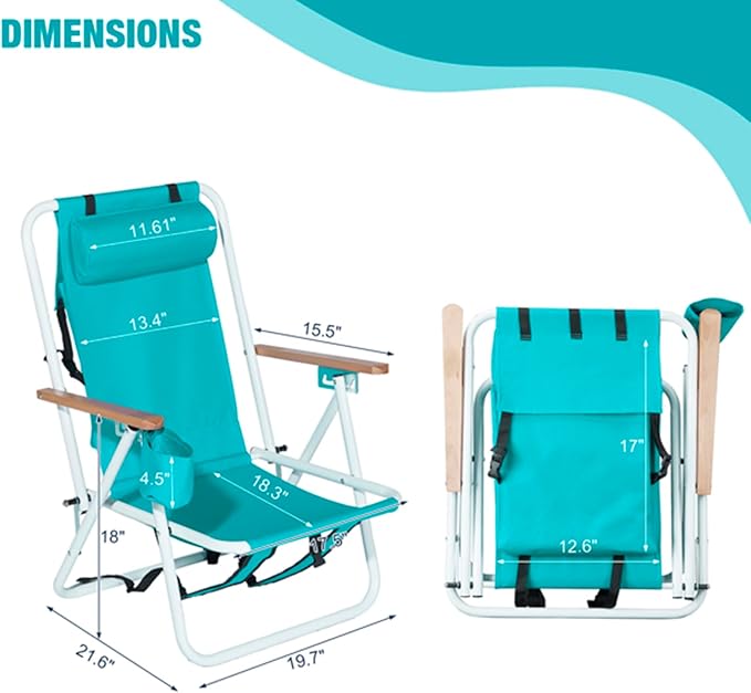 Beach Chairs for Adults 2 PackPortable Folding Backpack Beach Chair with Headrest Cup Holder and Wooden ArmrestsCup Holder for Outdoor/Lawn/PicnicFoldable Camping Chair (Green-2Set)