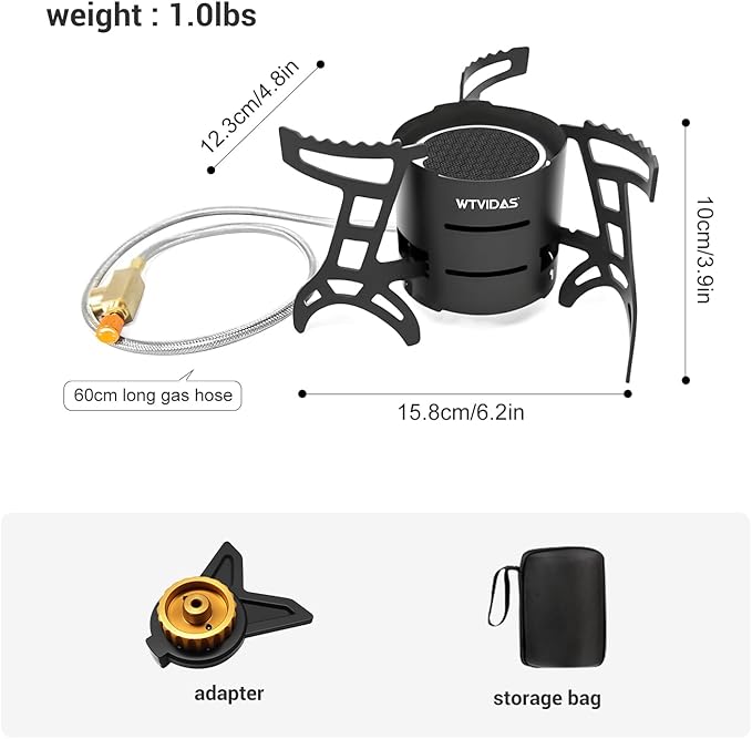 Camping Stove 3000W Portable Backpacking Stove with Piezo Ignition Fuel Canister Adapter Windproof Gas Stove for Camping Hiking Outdoor Cooking