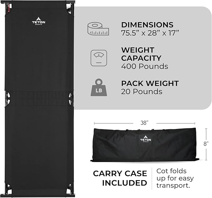 Teton Outfitter Camping Cot Heavy-Duty Oversized Folding Cot for Adults Comfortable Elevated Sleeping Bed Easy Setup