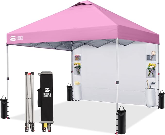 CROWN SHADES Canopy Tent 10 x 10 Foot Portable Pop Up Outdoor Shelter with Pocket Sidewall Push Center Lock UV Protection and Carry Bag Pink