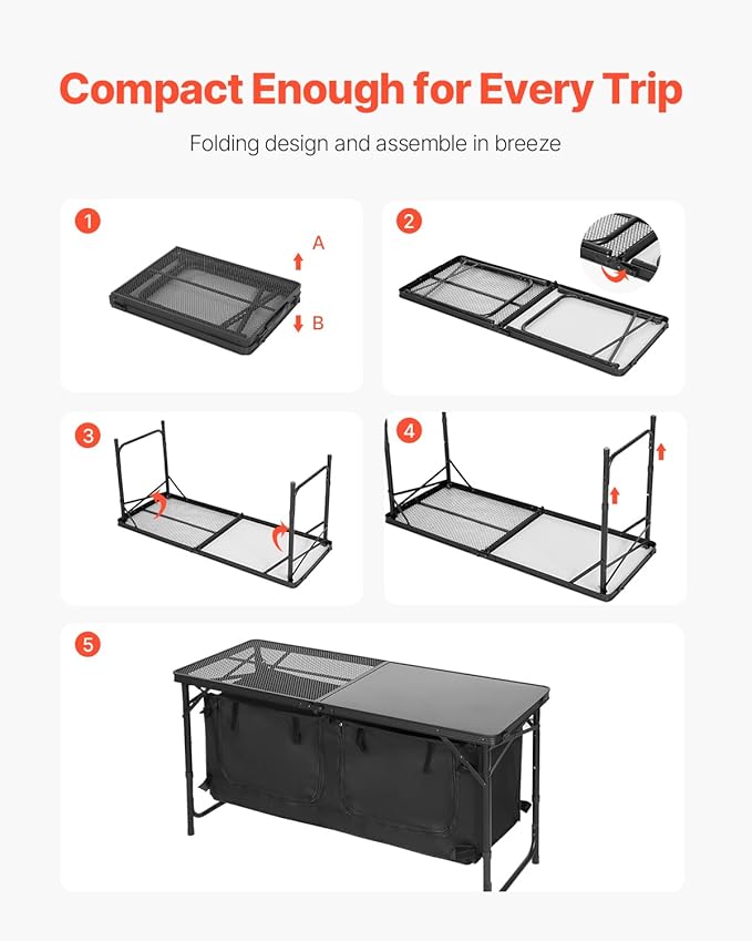 VEVOR Camping Kitchen Table Folding Outdoor Cooking Table 3 Adjustable Heights Aluminum Lightweight Portable Cook Station with Storage Organizer Carry Handle for BBQ Party Picnic RV Travel Black