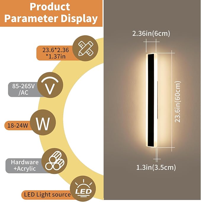 23.6inch Modern Outdoor Wall Light 3000K Warm White Linear Outside Wall Sconce Waterproof IP65 Acrylic Panel Black LED Long Wall Lights for Garage Garden Exterior Wall Mount Lights