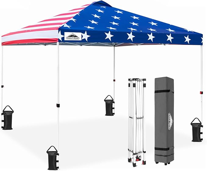 EAGLE PEAK Pop Up Canopy Tent with Wheeled Carry Bag 8 Stakes 4 Ropes 4 Weight Bags Easy Set Up Tent Canopy 10x10 ft 100sqft of Shade American Flag