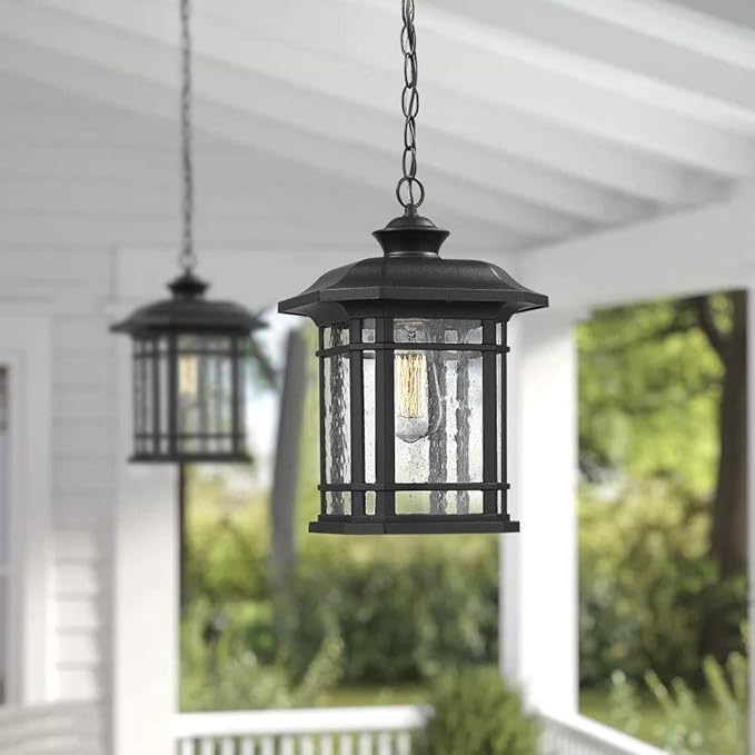 Emliviar Modern Exterior Pendant Light Lantern 14 Outdoor Hanging Light in Black Finish with Seeded Glass A2202110D1