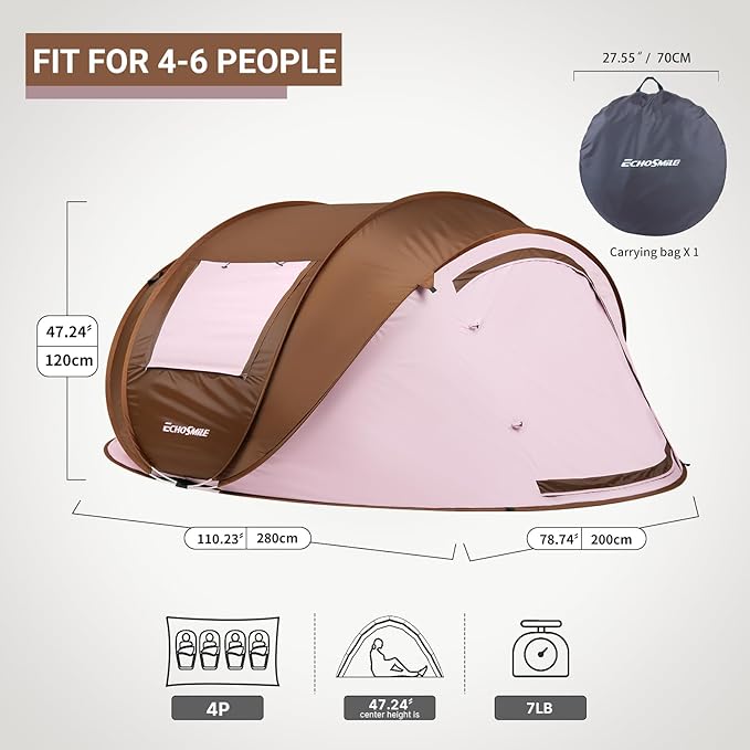 EchoSmile Instant Pop Up Camping Tent 2/4/6 Person Easy Setup Tent Water Resistant Dome Portable with Carry Bag
