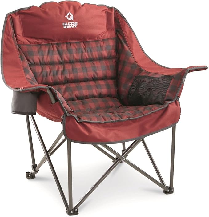 Guide Gear Oversized Extra Large Padded Camping Chair Portable Folding Large Camp Lounge Beach Chairs for Outdoor Adults Men and Women Heavy-Duty 400 Pound Capacity with Cup Holder Red Plaid