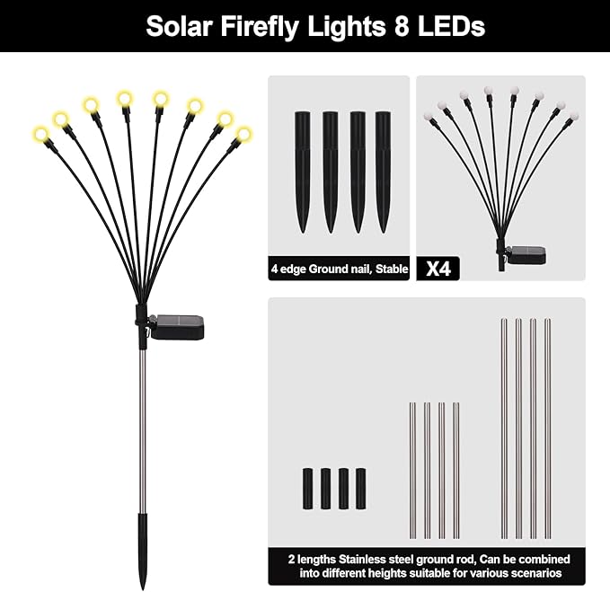 Firefly Lights Solar Outdoor 8 Modes 800mAh Swaying Solar Firefly Garden Lights Stakes Outdoor Waterproof for Outside Yard Patio Plant Christmas Holiday Garden Decor Warm White(4 Pack)