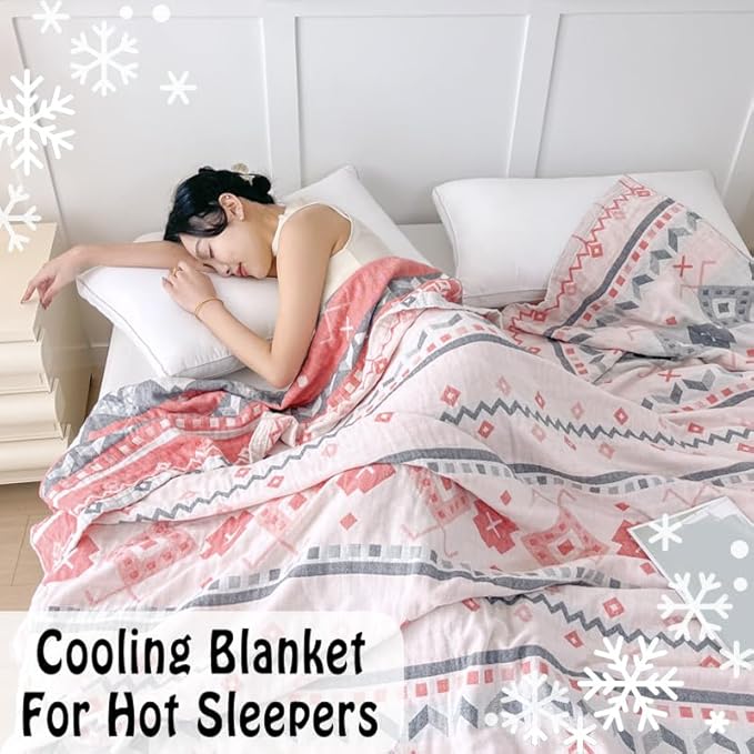 ITFRO Boho Cooling 3 Layer Cotton Muslin Blanket for Hot Sleepers Twin Size 60x80 Inches Lightweight Breathable Reversible Summer Camping Blanket All Seasons for Couch Sofa Bed (Boho Pink 60x80)