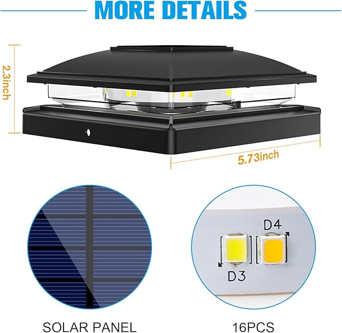 VOLISUN Solar Post Cap Light Outdoor Waterproof 4packSolar Fence - Post Lights for 4x4 5x5 6x6 Wooden/Vinyl PostBlack Deck Post Cap Light Solar Powered with Warm White for Garden/Patio/Porch