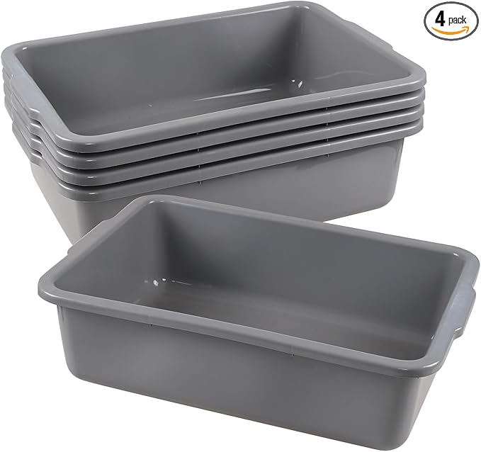 4-Pack 32 L Commercial Bus Tub Large Plastic Rectangular Dishpan Tub Grey