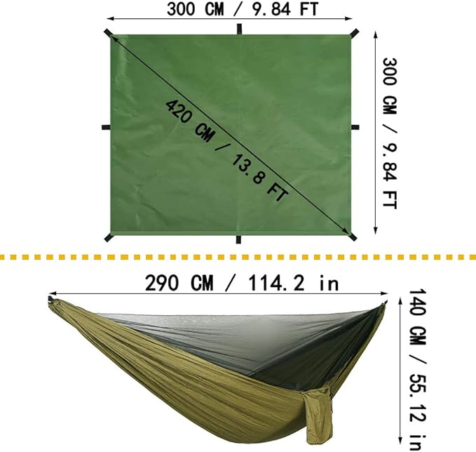 Oversized rain TarpaulinCamping Hammock with Mosquito Net Rain Fly Heavy Duty Tree StrapSingle Double Hammock Tent Waterproof Rainfly SetCamping Backpacking Backyard Patio Hiking Travel Outdoor
