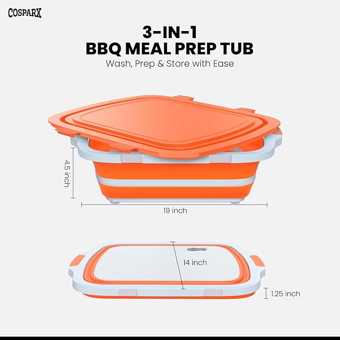XL Collapsible BBQ Prep Tub with Cutting Board &amp Drain Plug – Portable Food Prep Station for Kitchen Camping &amp Grill – Dishwasher Safe Space-Saving Design – Heat-Resistant Glove Included (Or